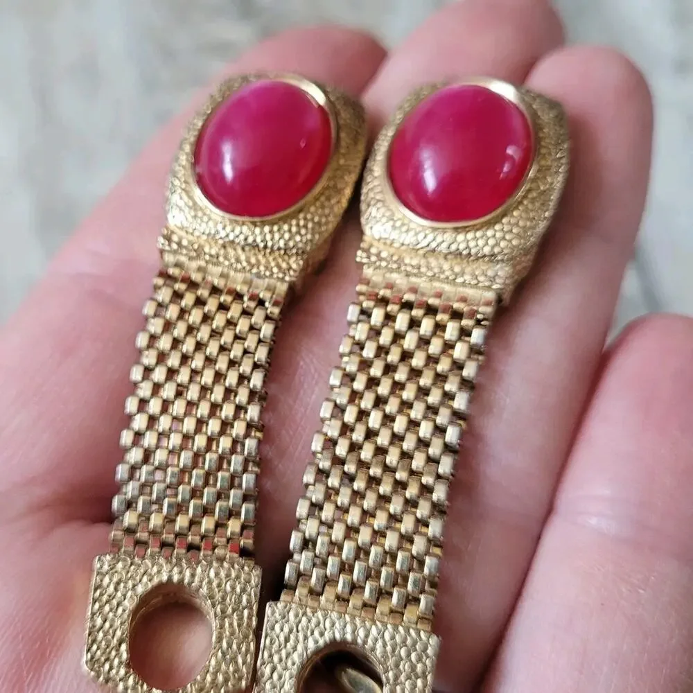 Vintage Swank Gold-Tone Mesh Wrap Cufflinks with Pink Cabochon